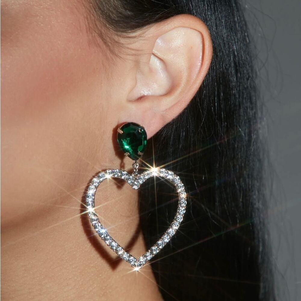 Fashion Nova Follow Your Heart Green Rhinestone Drop Earrings NWT